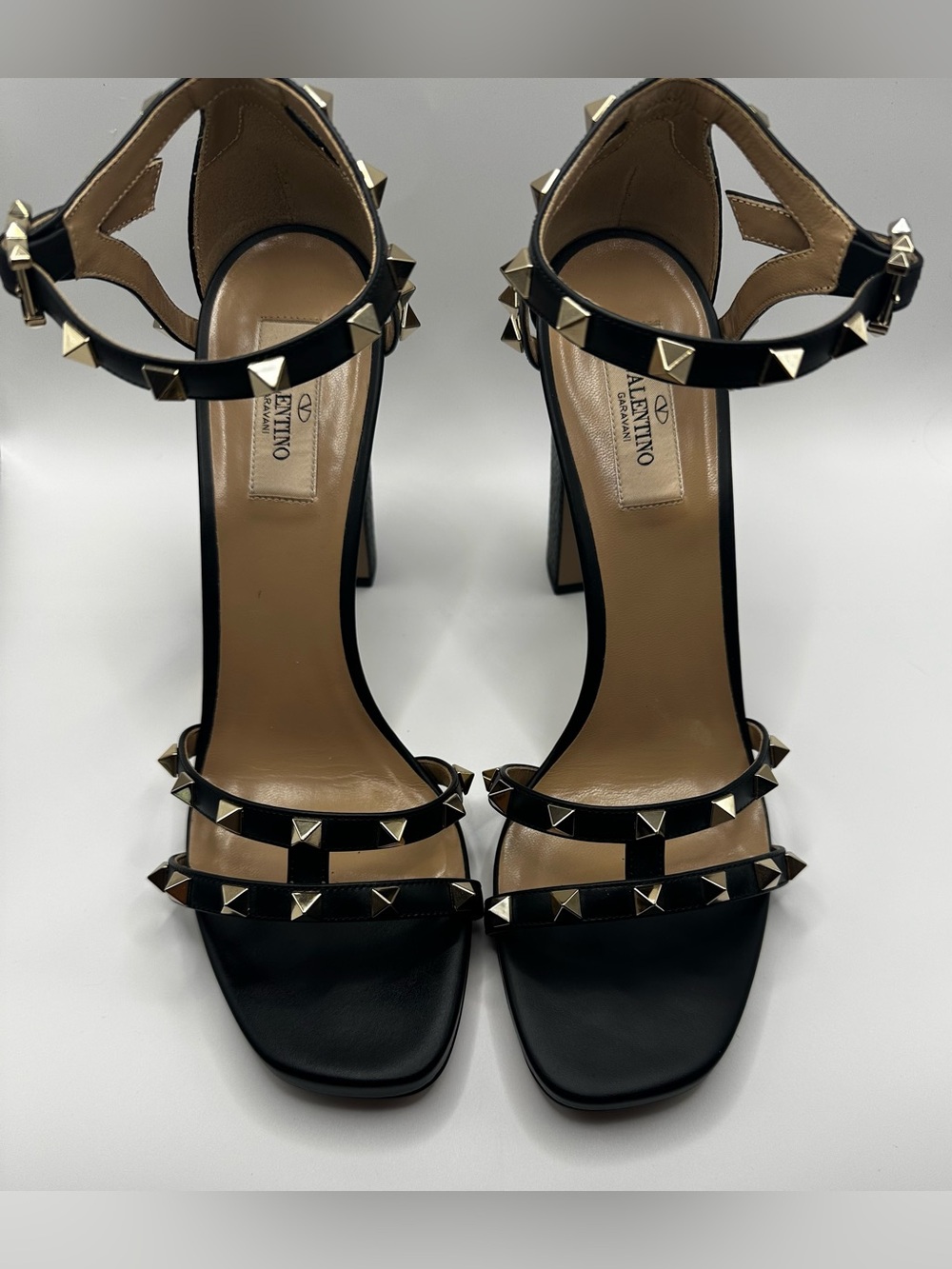 Valentino Black Leather Platform Sandals with Gold Stud Accents